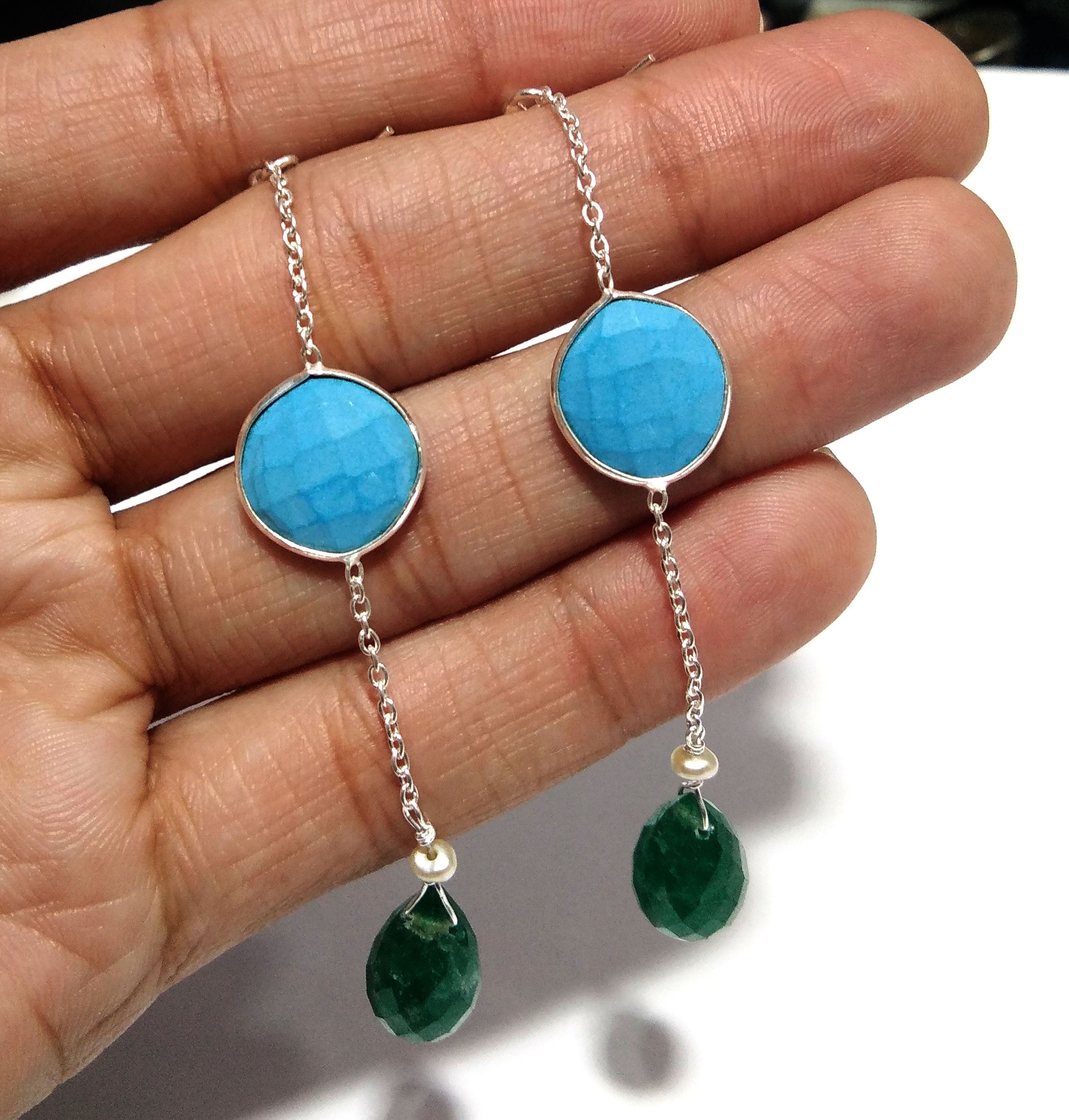 Natural Turquoise,Green Onyx Gemstone Earring, 925 Sterling Silver Earring, Amazing Turquoise Earring, Stone Size 13x13 mm Gift Earring